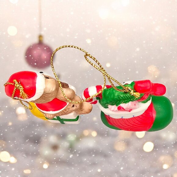 Vtg Christmas Bear & Stocking Hanging Ornaments 3" Tall Hand-Painted Resin - Picture 3 of 5